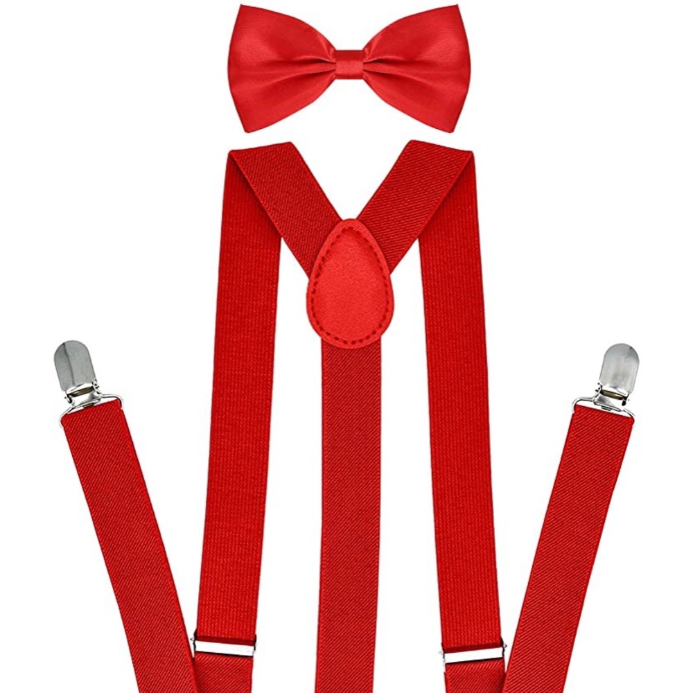 red clip bow tie and suspenders set